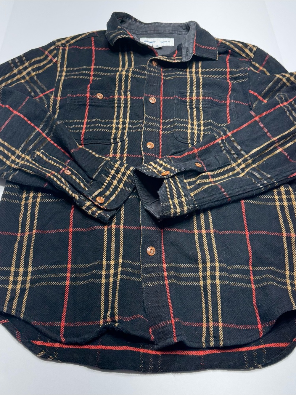 Old Navy Black Plaid Button-Down Shirt with Red & Tan Stripes